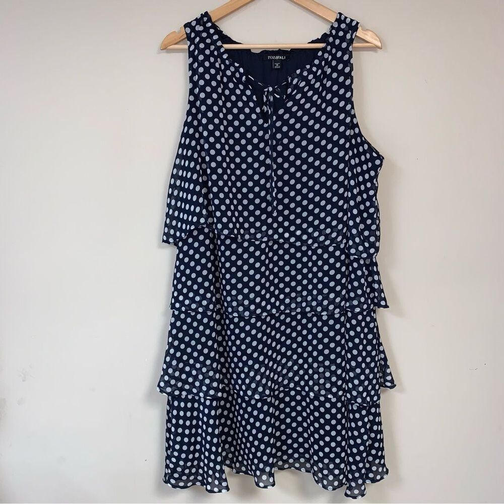ROZ & ALI Dress Women's 18 Navy Polka Dot Tiered Layered Sleeveless Midi Party